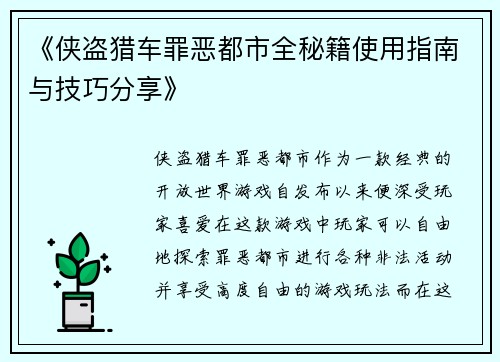 《侠盗猎车罪恶都市全秘籍使用指南与技巧分享》